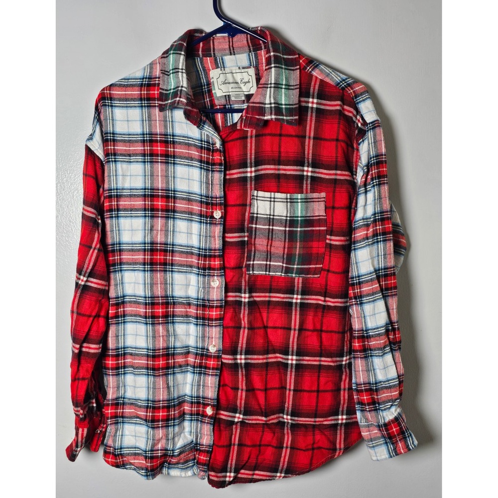 American Eagle AE Lounge Mixed Plaid Colorblock Button Down Shirt Red White Sz S